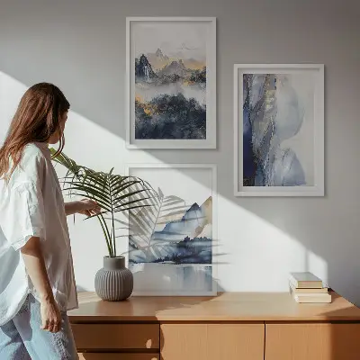 Set de 3 cuadros para salón con paisajes de montañas en tonos azules y grises