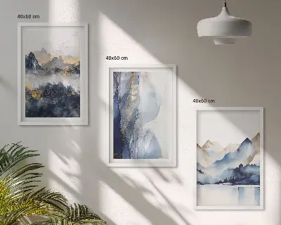 Set de 3 cuadros para salón con paisajes de montañas en tonos azules y grises