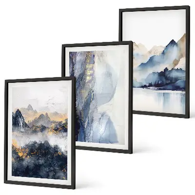 Set de 3 cuadros para salón con paisajes de montañas en tonos azules y grises