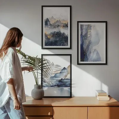 Set de 3 cuadros para salón con paisajes de montañas en tonos azules y grises