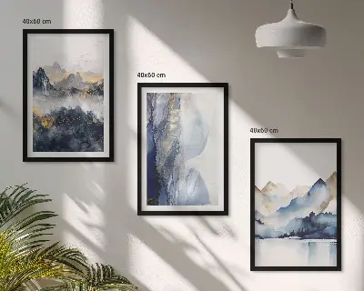 Set de 3 cuadros para salón con paisajes de montañas en tonos azules y grises