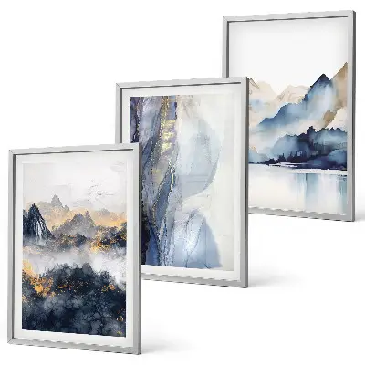 Set de 3 cuadros para salón con paisajes de montañas en tonos azules y grises