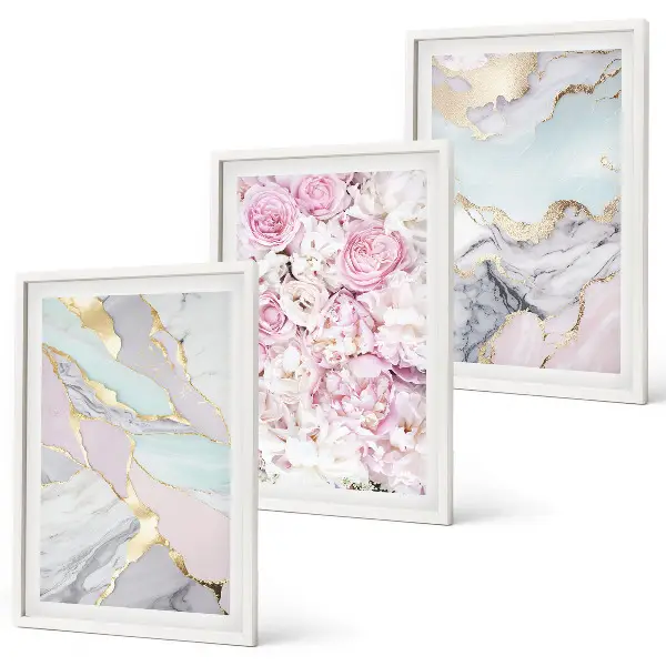 Juego de 3 cuadros diseño de flores rosas con estilo de mármol pastel