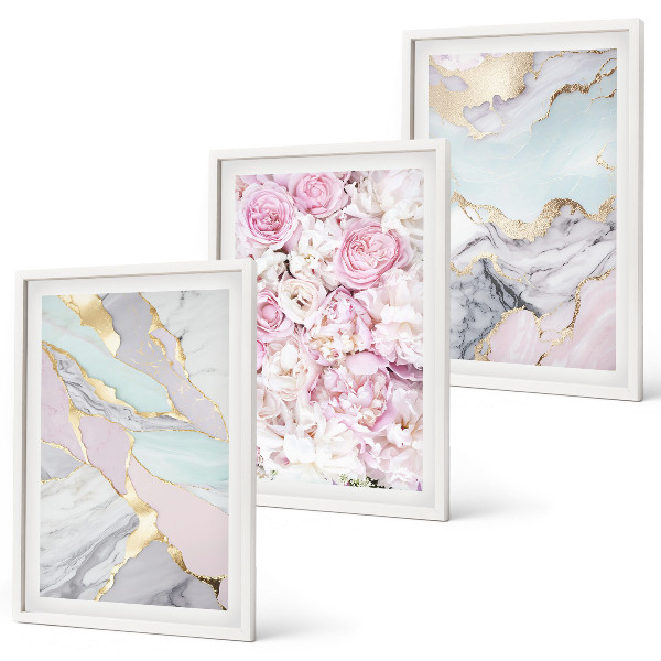 Juego de 3 cuadros Flores rosas mármol pastel
