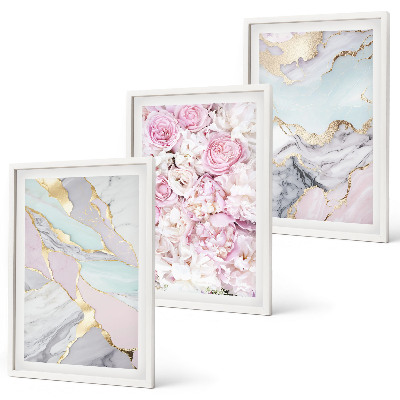 Juego de 3 cuadros Flores rosas mármol pastel