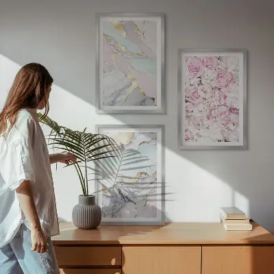 Juego de 3 cuadros diseño de flores rosas con estilo de mármol pastel