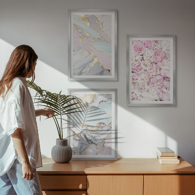 Juego de 3 cuadros Flores rosas mármol pastel