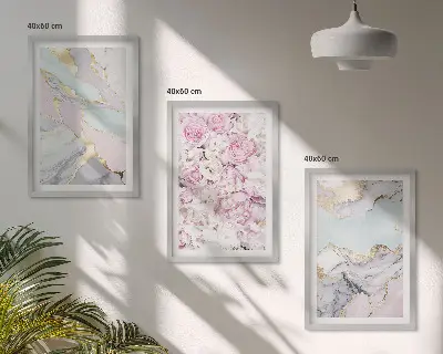 Juego de 3 cuadros diseño de flores rosas con estilo de mármol pastel
