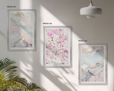 Juego de 3 cuadros Flores rosas mármol pastel