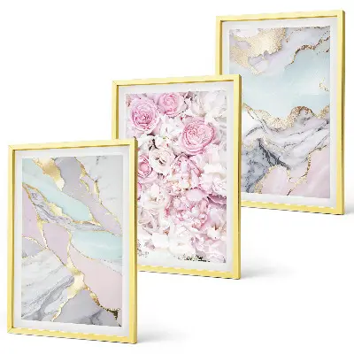 Juego de 3 cuadros diseño de flores rosas con estilo de mármol pastel