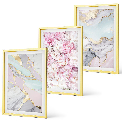 Juego de 3 cuadros Flores rosas mármol pastel
