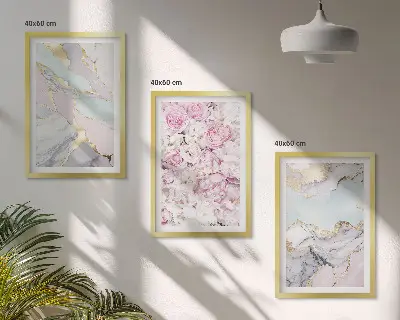 Juego de 3 cuadros diseño de flores rosas con estilo de mármol pastel