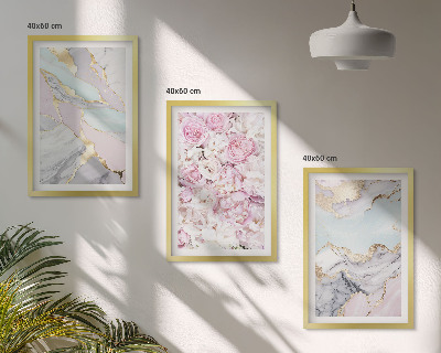 Juego de 3 cuadros Flores rosas mármol pastel