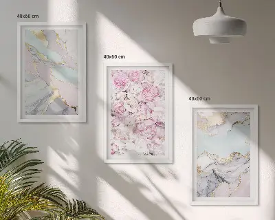 Juego de 3 cuadros diseño de flores rosas con estilo de mármol pastel