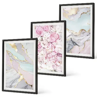 Juego de 3 cuadros diseño de flores rosas con estilo de mármol pastel
