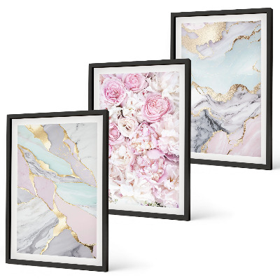 Juego de 3 cuadros Flores rosas mármol pastel
