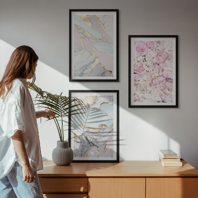Juego de 3 cuadros Flores rosas mármol pastel