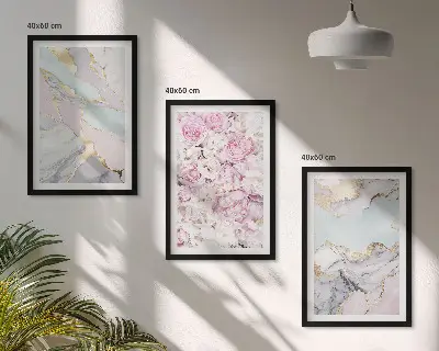 Juego de 3 cuadros diseño de flores rosas con estilo de mármol pastel
