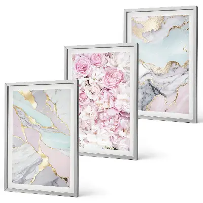 Juego de 3 cuadros diseño de flores rosas con estilo de mármol pastel