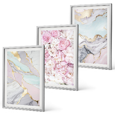Juego de 3 cuadros Flores rosas mármol pastel