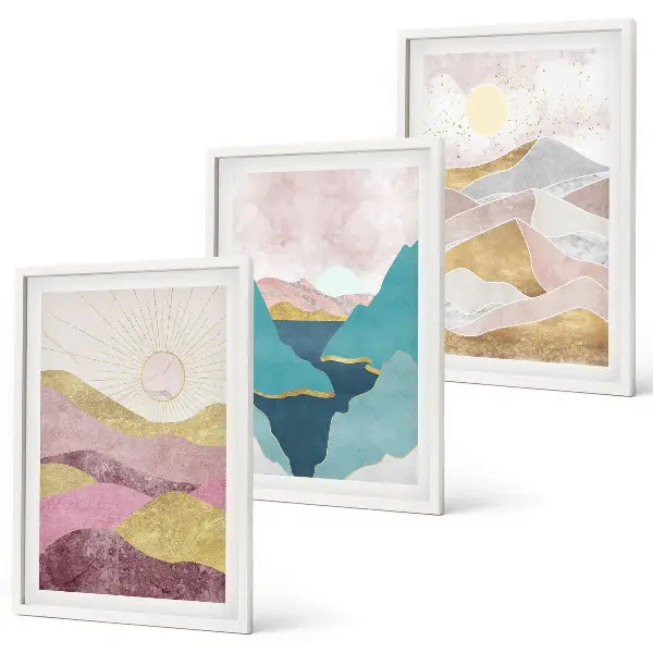 Set de 3 cuadros de montañas abstractas con sol decoración para salón