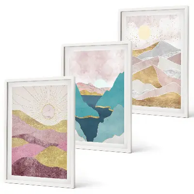 Set de 3 cuadros de montañas abstractas con sol decoración para salón