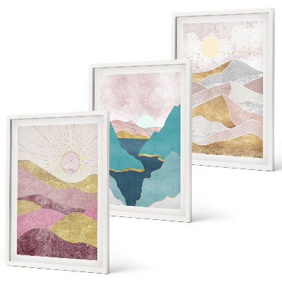 Set de 3 cuadros para salón Montañas abstractas sol