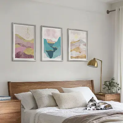 Set de 3 cuadros de montañas abstractas con sol decoración para salón