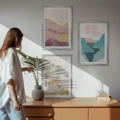 Set de 3 cuadros de montañas abstractas con sol decoración para salón