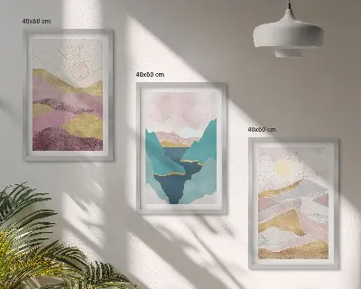Set de 3 cuadros de montañas abstractas con sol decoración para salón