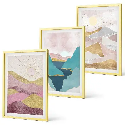 Set de 3 cuadros de montañas abstractas con sol decoración para salón