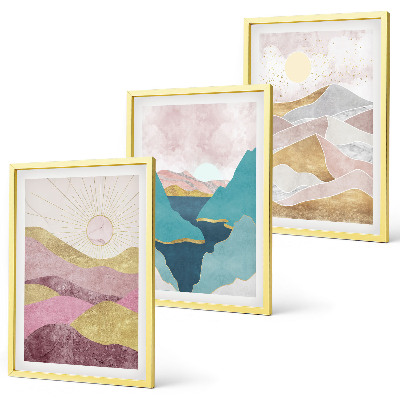 Set de 3 cuadros para salón Montañas abstractas sol