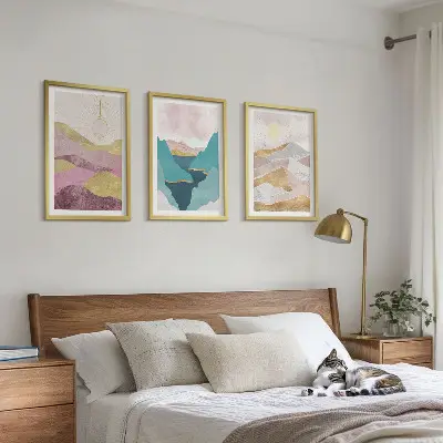 Set de 3 cuadros de montañas abstractas con sol decoración para salón