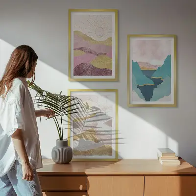 Set de 3 cuadros de montañas abstractas con sol decoración para salón