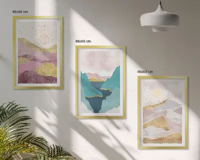 Set de 3 cuadros de montañas abstractas con sol decoración para salón
