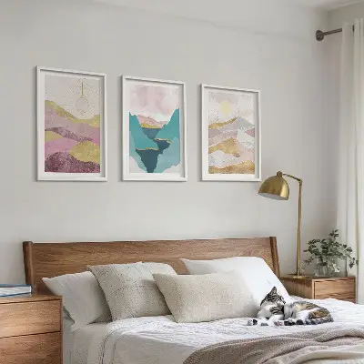 Set de 3 cuadros de montañas abstractas con sol decoración para salón
