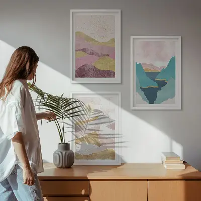 Set de 3 cuadros de montañas abstractas con sol decoración para salón