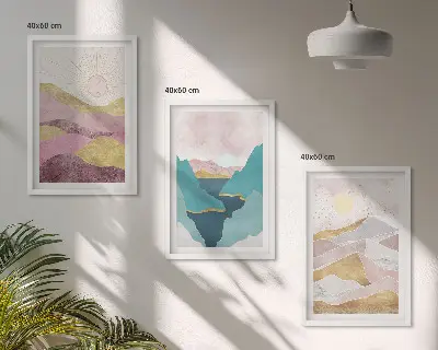 Set de 3 cuadros de montañas abstractas con sol decoración para salón
