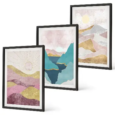 Set de 3 cuadros de montañas abstractas con sol decoración para salón