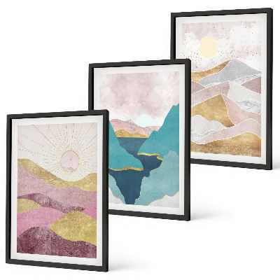 Set de 3 cuadros para salón Montañas abstractas sol