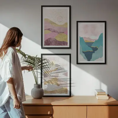 Set de 3 cuadros de montañas abstractas con sol decoración para salón