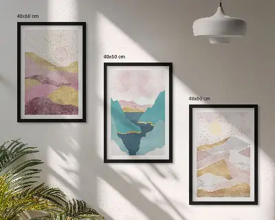 Set de 3 cuadros de montañas abstractas con sol decoración para salón