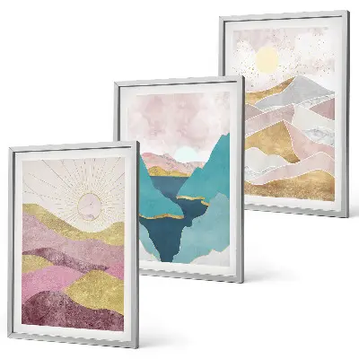 Set de 3 cuadros de montañas abstractas con sol decoración para salón