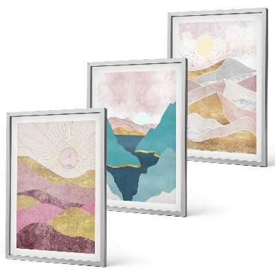 Set de 3 cuadros para salón Montañas abstractas sol