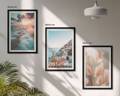 Juego de 3 cuadros Casas con flores al atardecer en el mar