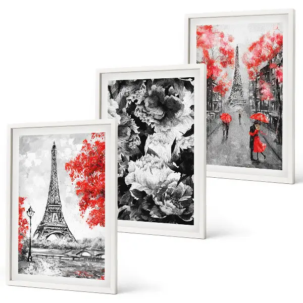 Juego de 3 cuadros con pinturas de la Torre Eiffel en tono gris