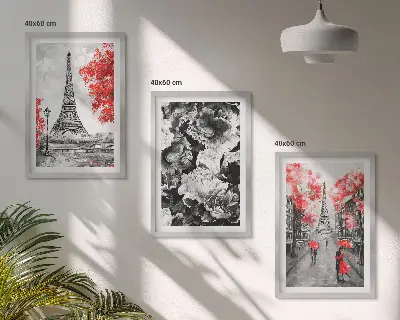 Juego de 3 cuadros con pinturas de la Torre Eiffel en tono gris