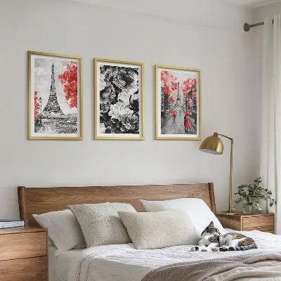 Juego de 3 cuadros con pinturas de la Torre Eiffel en tono gris