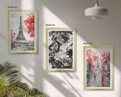 Juego de 3 cuadros con pinturas de la Torre Eiffel en tono gris