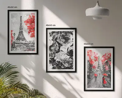 Juego de 3 cuadros con pinturas de la Torre Eiffel en tono gris
